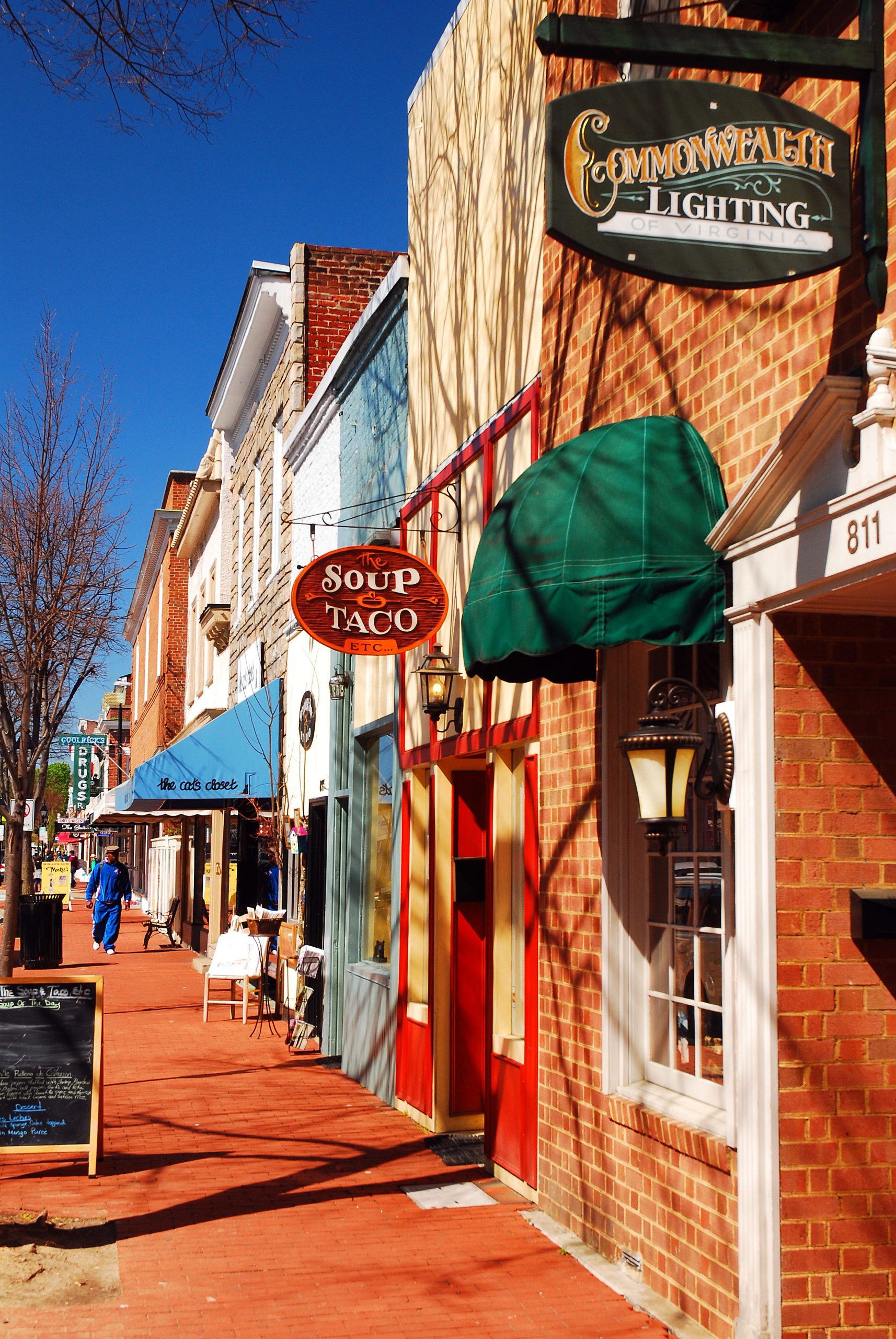 Small cafes and boutique shops and vintage stores line the sidewalk of downtown Fredericksburg, Virginia heating repair richmond