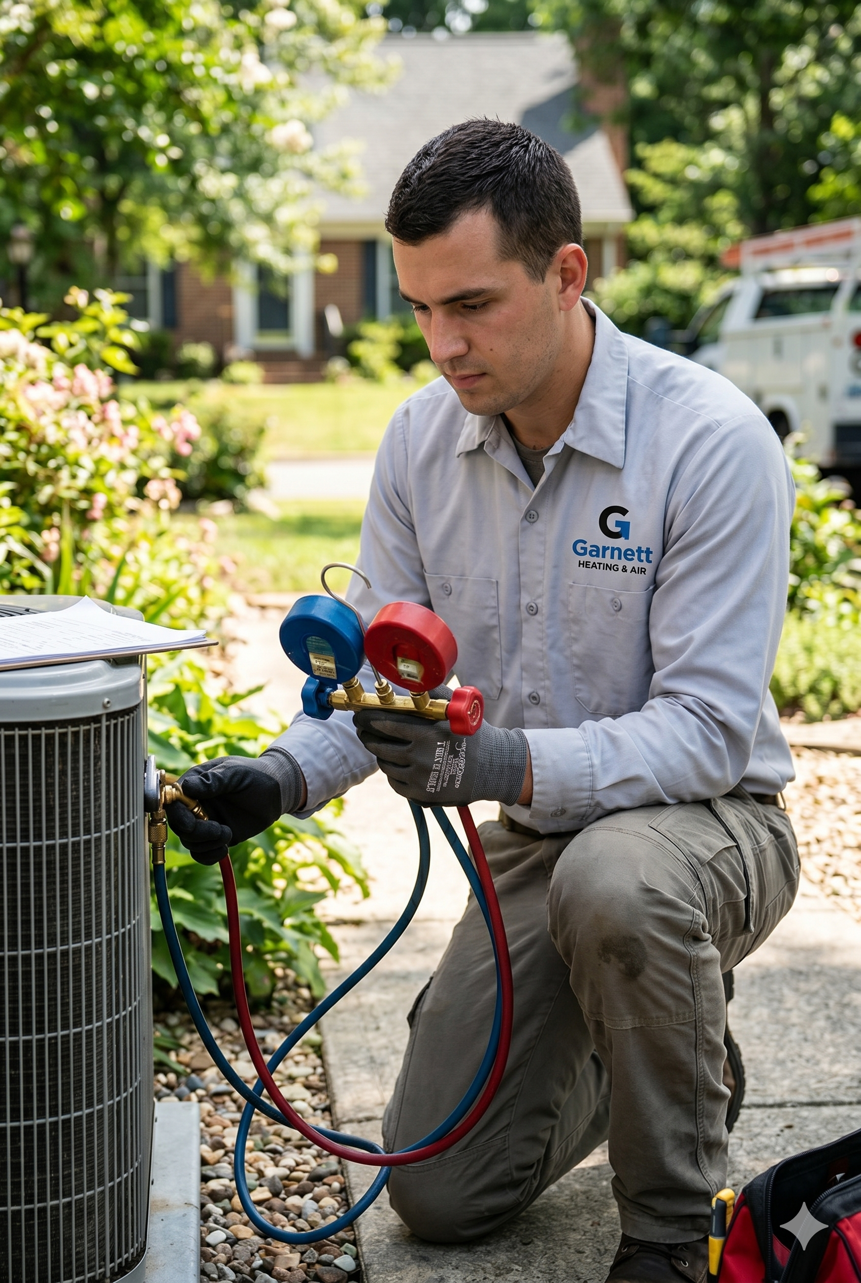 AC Maintenance Fredericksburg va Garnett technician doing AC on outside HVAC unit at home in fredericksburg va.
