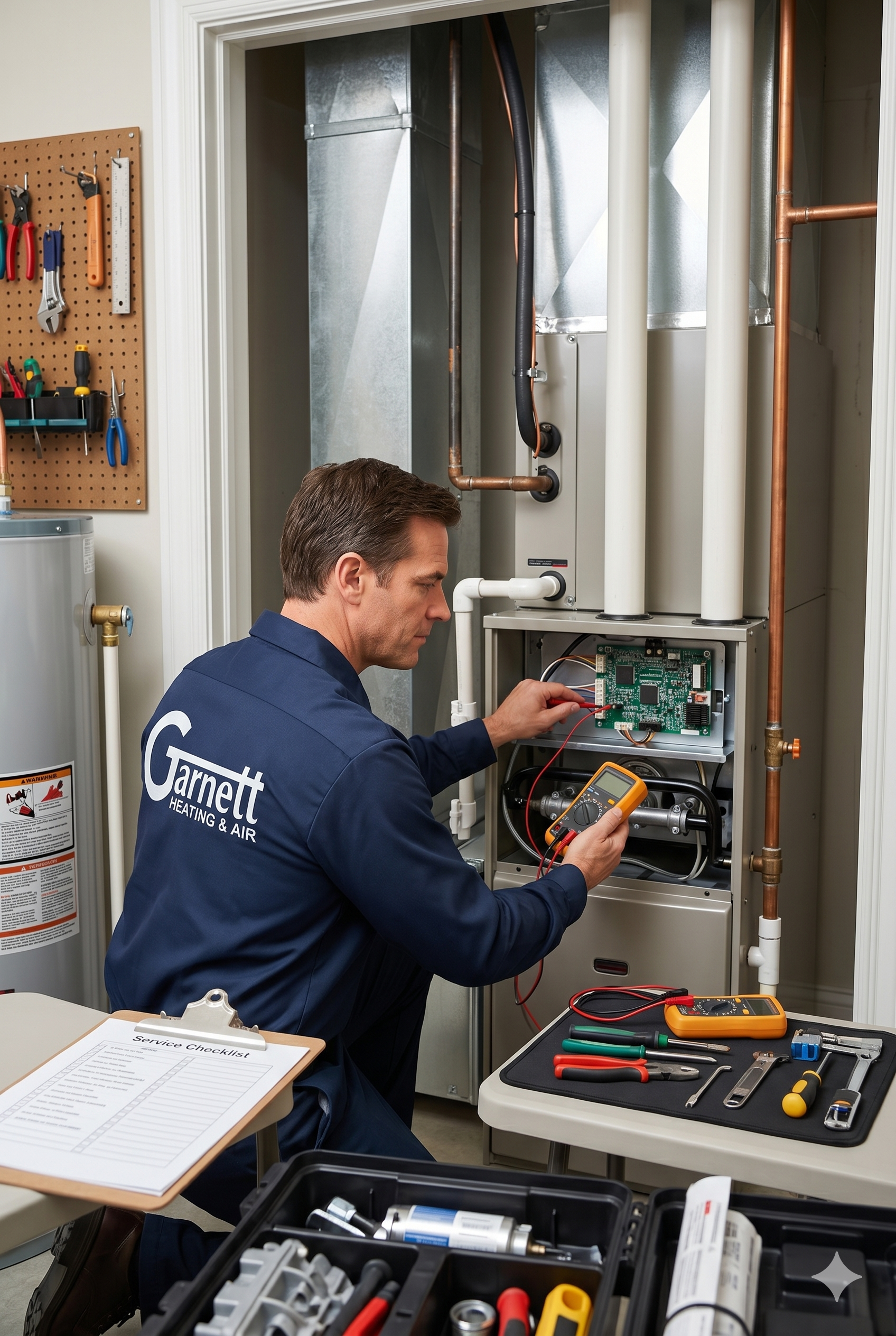 heating services heating services Fredericksburg VA technician inspecting furnace.