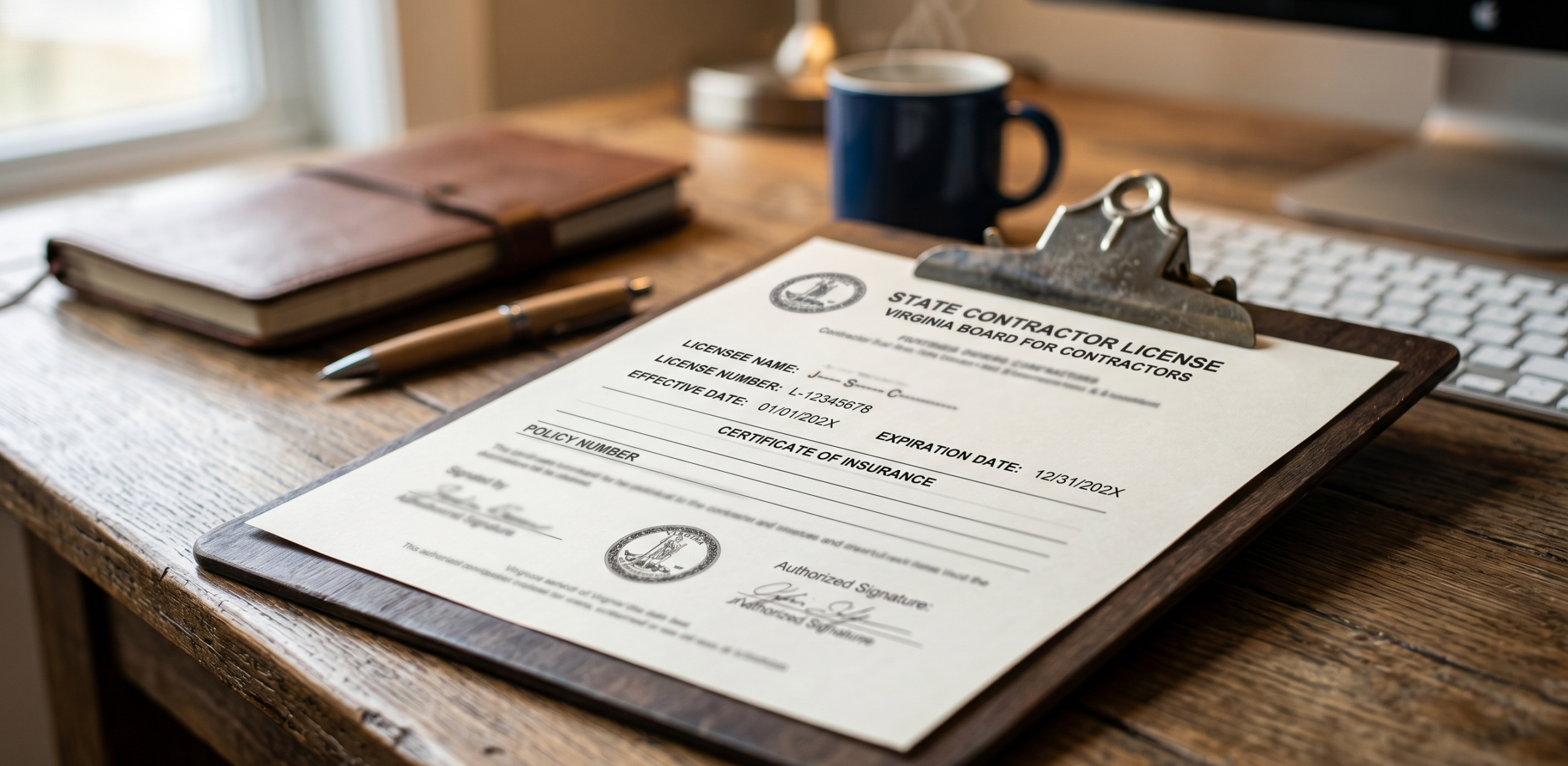 clipboard with contractor license in Virginia on it.