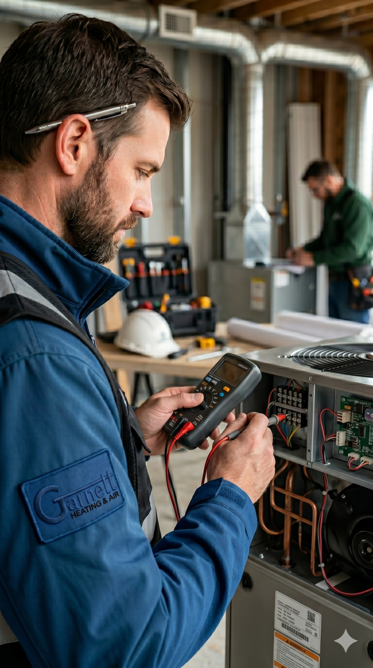 Garnett technician installing new HVAC in Fredericksburg VA. 