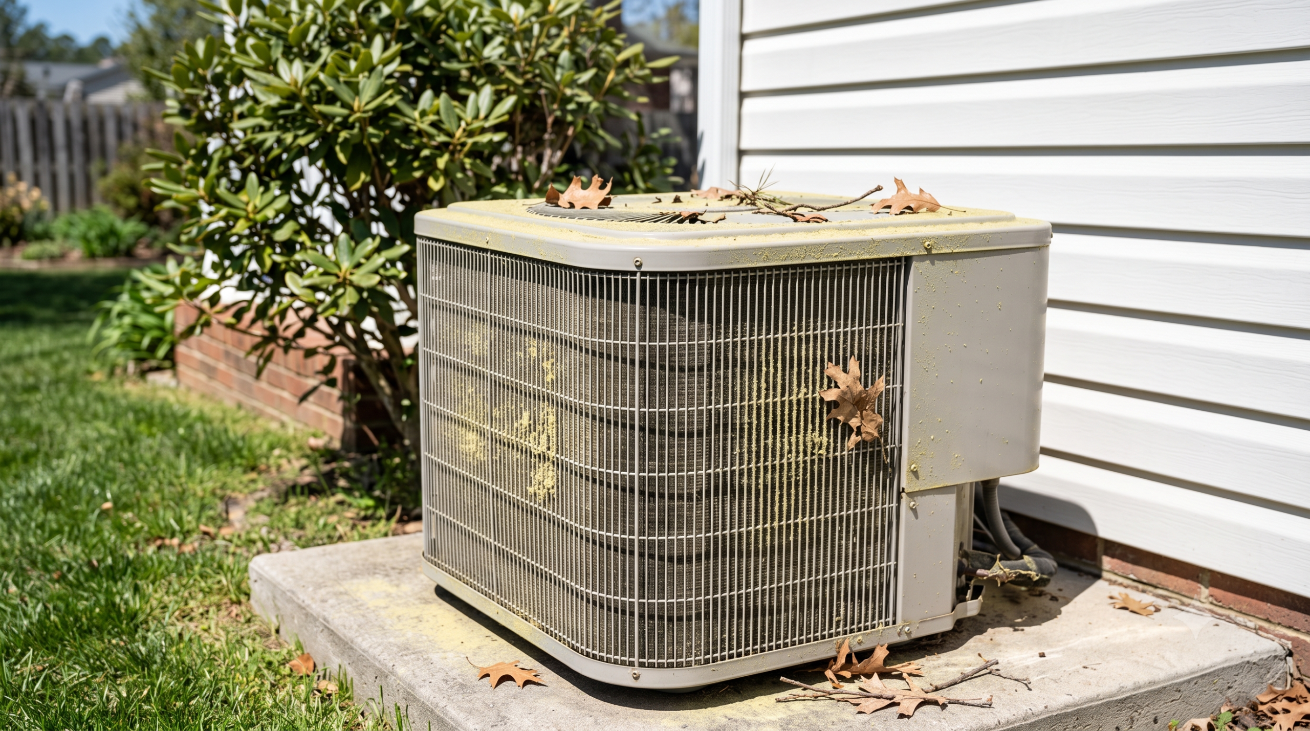 AC running nonstop fredericksburg va Outdoor AC condenser unit covered in pollen and debris in Fredericksburg VA.