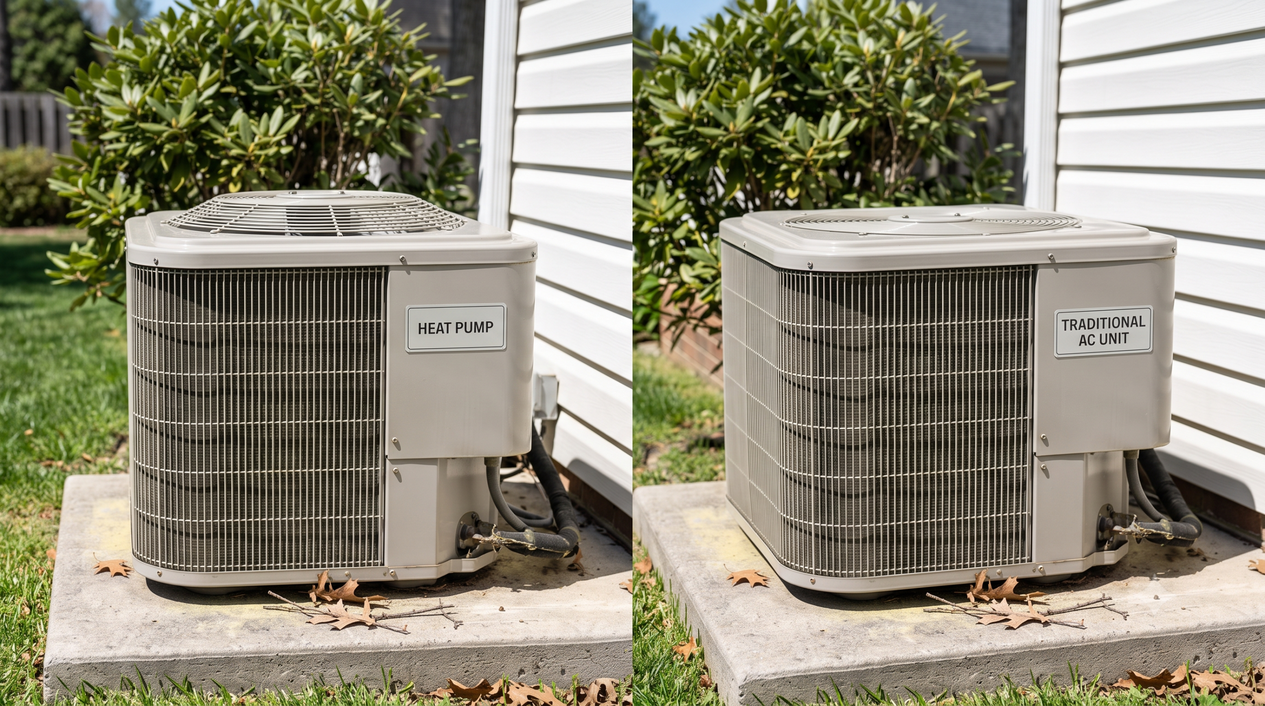 Heat pump and traditional AC unit compared side by side in Spotsylvania VA.