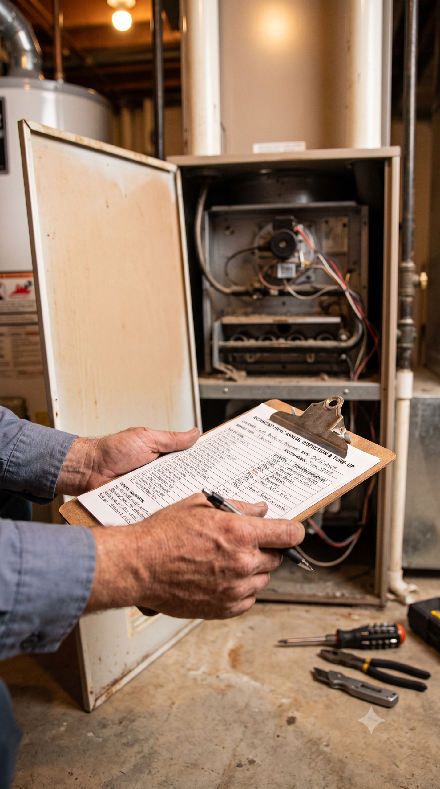 HVAC technician inspecting a furnace before recommending replacement