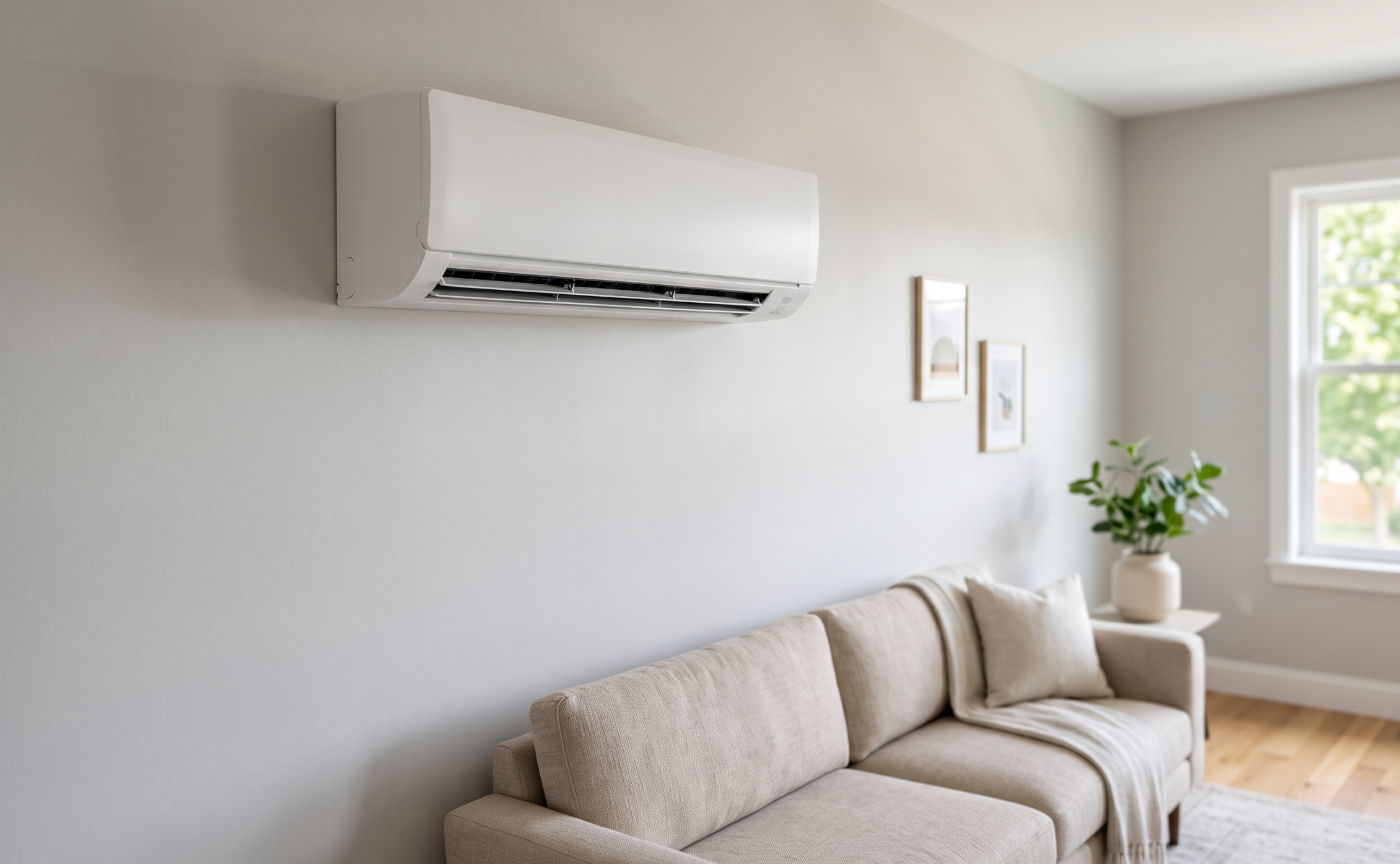 standard AC vs Ductless Mini-Split Ductless mini-split indoor unit mounted on living room wall.
