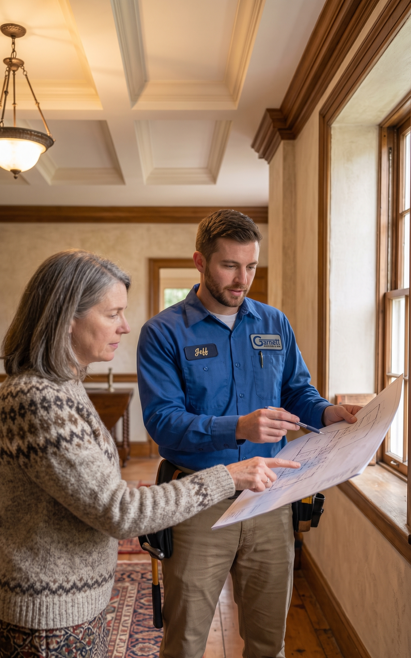 Fredericksburg Homeowner and HVAC technician discussing a historic home retrofit plan.